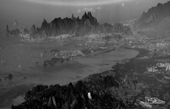 A mesma foto da Baía da Guanabara, mas agora distorcida verticalmente. Alguém conhece reconhecer as montanhas famosas do rio de Janeiro (Pão de Açúcar, Corcovado e Gávea?)